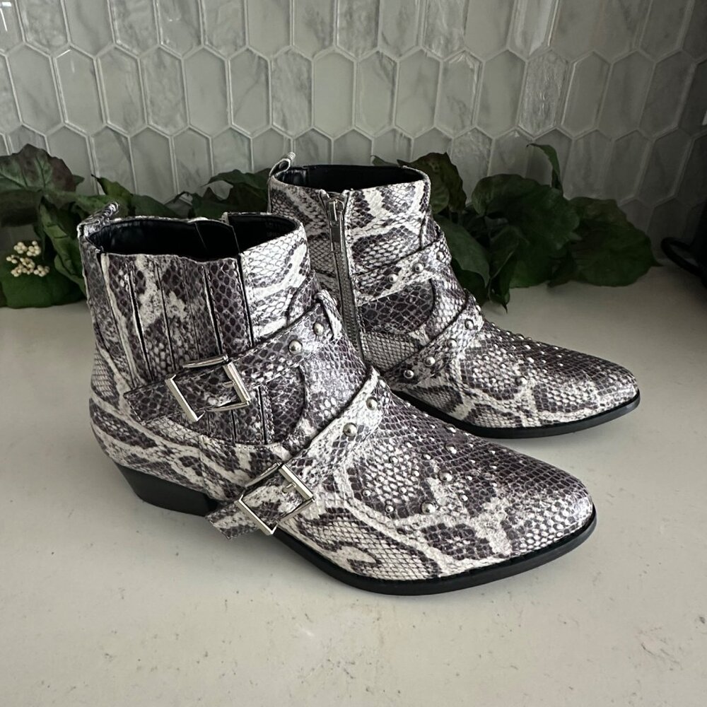 Snake Print Ankle Boots With Studded Straps & Buckles By Jane And The Shoe - Picture 3 of 12